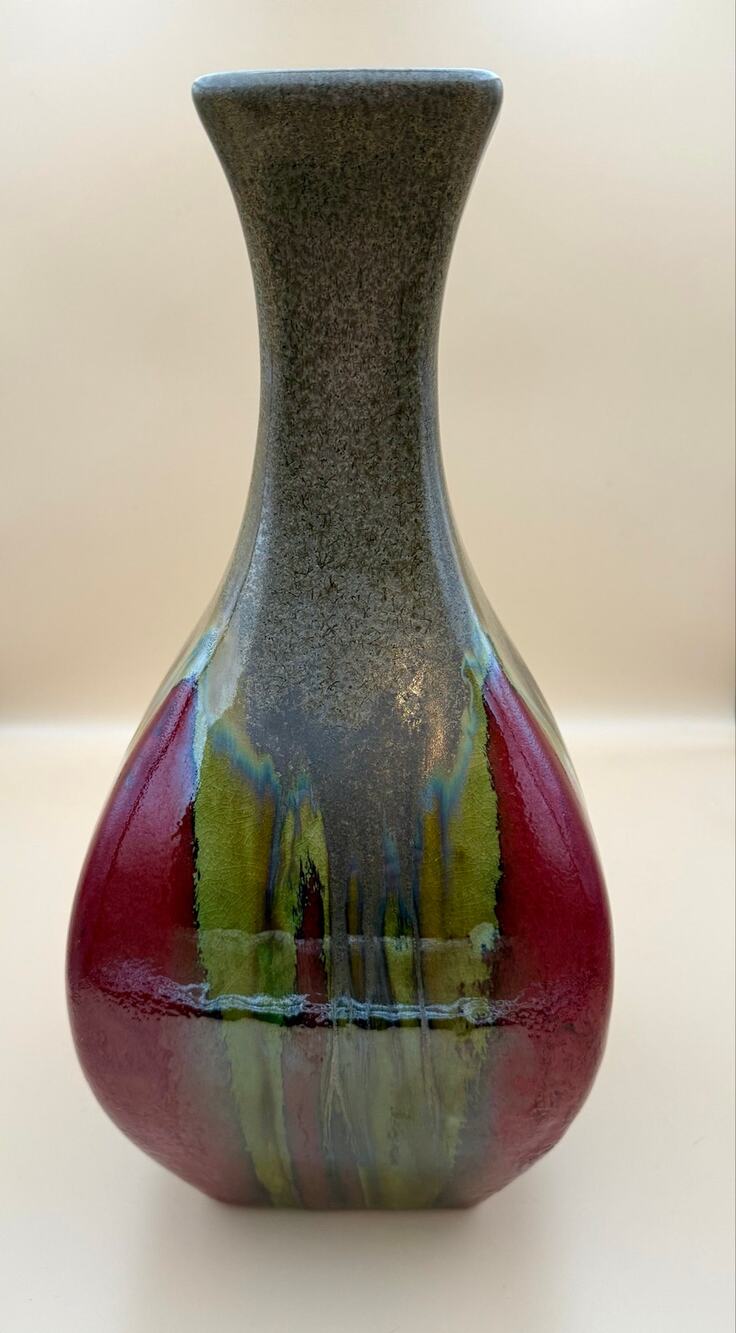 Vintage Mid Century Modern Studio Pottery Vase Fat Lava Drip Glaze Floor Vase